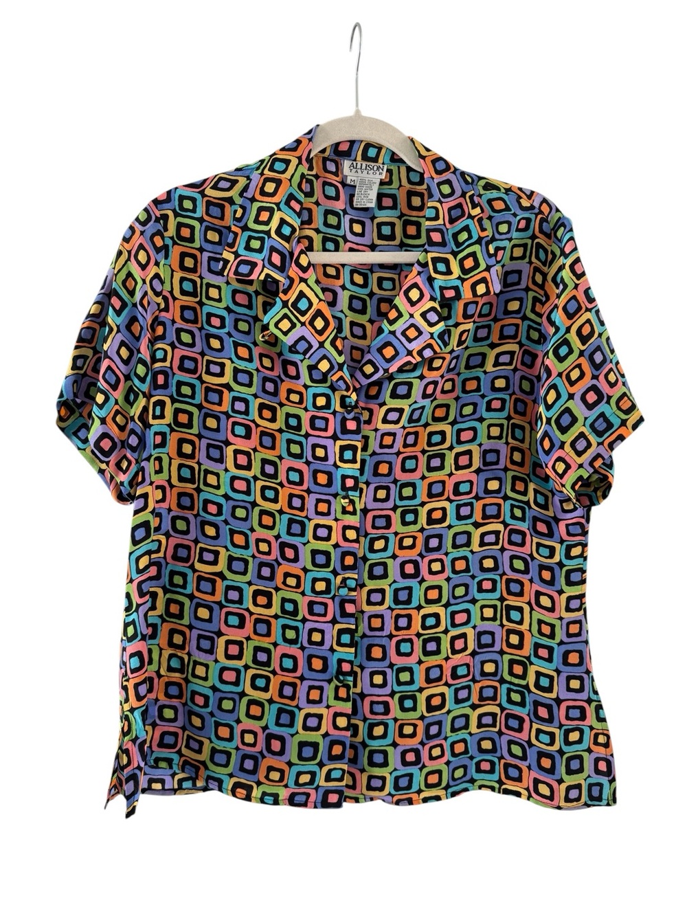 90s Vintage Multicolor Geometric Square Short Sleeve Button-Down Shirt M.
